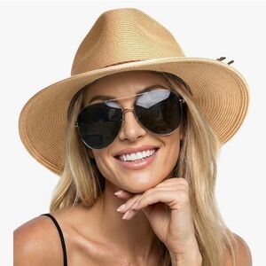 Wide Brim Straw Fedora Hat - Natural Tan